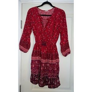 Hollister Red Tassel Floral Paisley Boho Mini Dress - Size XS